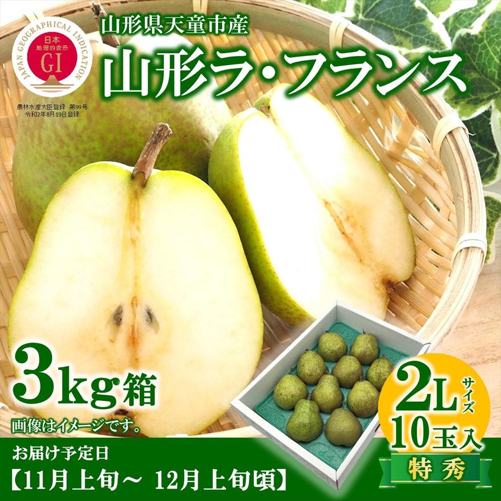【送料無料】山形県天童市産ラ・フランス 3㎏箱　2Lサイズ 10玉　着日指定不可（11月上旬から12月上旬頃発送予定）※産地直送のためほかの商品と同梱できません
