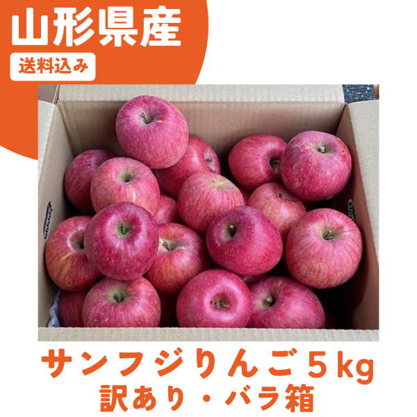 【送料無料】＜なかのふぁ～む＞山形県東根市産　訳あり・バラ箱　サンフジりんご５kg（ご自宅用／サイズ不揃い／10～18玉前後※多少傷あり）12月上旬～中旬発送